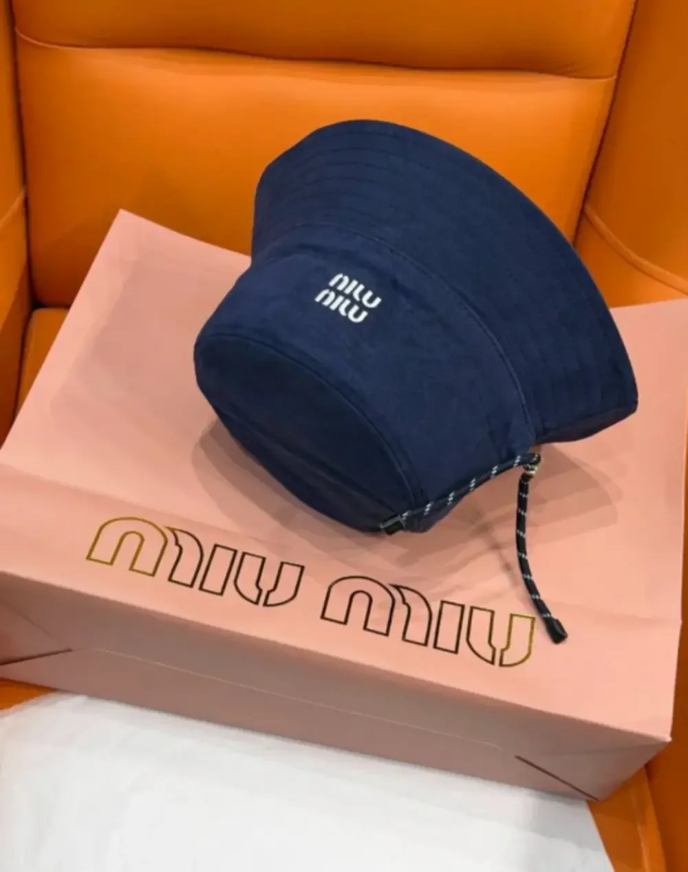 Miu Miu Navy Blue Logo Embroidered Bucket Hat with Drawstring